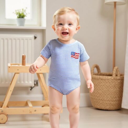 Newborn Baby Boy 4th Of July Outfit Flag Stripe Short Sleeve Waffle Bubble Romper Infant Bodysuit Patriotic Clothes in Saudi Arabia