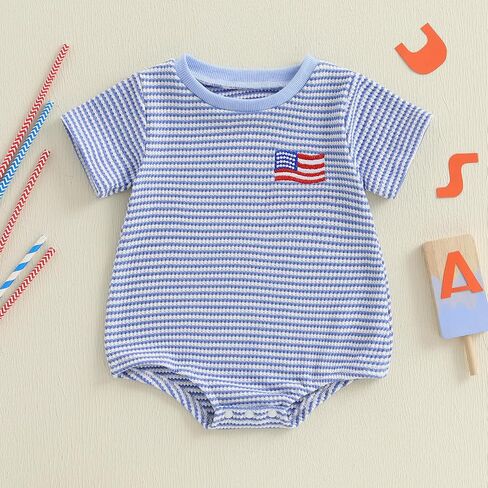 Newborn Baby Boy 4th Of July Outfit Flag Stripe Short Sleeve Waffle Bubble Romper Infant Bodysuit Patriotic Clothes in Saudi Arabia