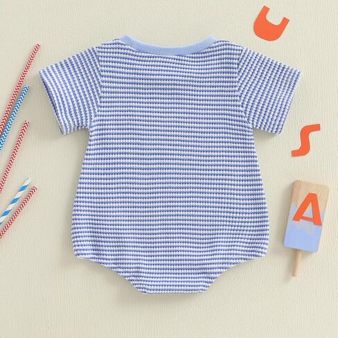 Newborn Baby Boy 4th Of July Outfit Flag Stripe Short Sleeve Waffle Bubble Romper Infant Bodysuit Patriotic Clothes in Saudi Arabia