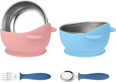 2 Pack Stainless Steel Baby Bowls with Removable Non-Slip Silicone Suction Shell, Anti Scald Food Container for Baby Food Feeding, Forks + Spoons Included-Blue & Pink in Kuwait