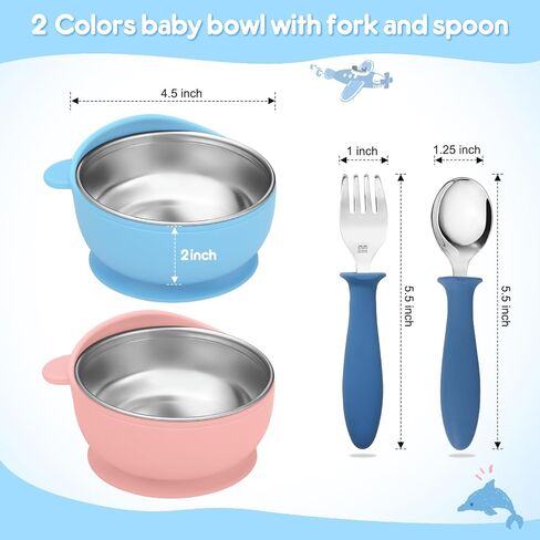 2 Pack Stainless Steel Baby Bowls with Removable Non-Slip Silicone Suction Shell, Anti Scald Food Container for Baby Food Feeding, Forks + Spoons Included-Blue & Pink in Kuwait