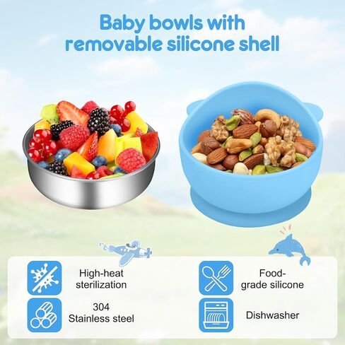 2 Pack Stainless Steel Baby Bowls with Removable Non-Slip Silicone Suction Shell, Anti Scald Food Container for Baby Food Feeding, Forks + Spoons Included-Blue & Pink in Kuwait
