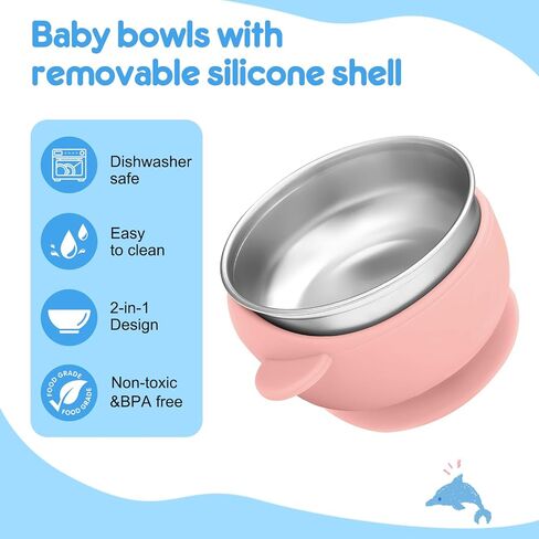 2 Pack Stainless Steel Baby Bowls with Removable Non-Slip Silicone Suction Shell, Anti Scald Food Container for Baby Food Feeding, Forks + Spoons Included-Blue & Pink in Kuwait