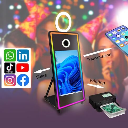 VANYA 65 inch Magic Mirror Photo Booth Machine with Camera and Printer Included, 43 inch Touch Screen Selfie Mirror Photobooth Portable, for Party Wedding Event, (Photo Booth Black+Priner+Camera) in Kuwait