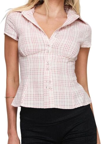 Women Slim Fit Collar Plaid Shirt, Casual Short Y2k Vintage Button Down Plaid Blouse, V Neck Preppy Crop Top Shirt in Kuwait