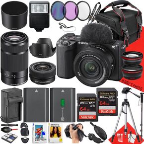 Sony ZV-E10 II Mirrorless Camera with 16-50mm and E 55-210mm f/4.5-6.3 OSS Lens + 2PC 64 GB Memory + Spider Tripod + Case + Extra Battery + More (32pc Bundle)
