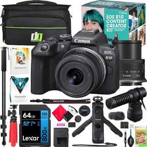 Canon EOS R10 Camera Commice Creator Kit بما في ذلك الجسم + 18-45 مم هو STM Lens + Microphone + Tripod Grip 5331C079 Bundle مع حقيبة التصوير الفوتوغرافي Deco Gear + Monopod + برنامج وملحقات