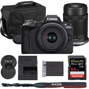 Canon EOS R50 كاميرا بدون مرآة مع حزمة عدسة 18-45 مم و 55-210 مم مع Canon 200es EOS الكتف الكتف + 64 جيجابايت من بطاقة ذاكرة Pro Extreme