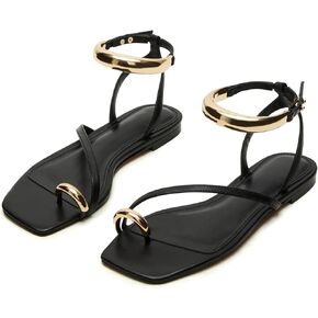 Yishaweiqi Metal Strap Strap Sandals مسطح للنساء خاتم أخمص القدم