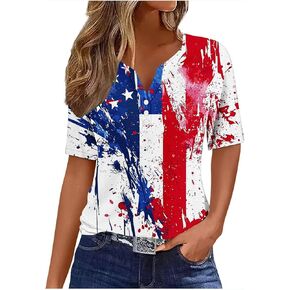 American Flag Shirts for Women Casual Summer Short Sleeve Patriotic Blouses 4Th of July V-Neck Independence Day Tees