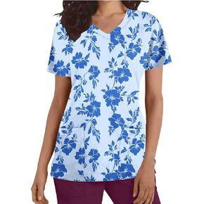 Scrubs for Women V Neck Short Sleeve Printed Tops for Women Cartoon Pattern Nursing Tops with Pockets Work Clothes