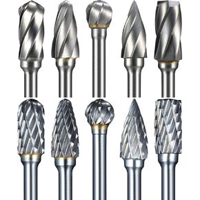 10 Pcs Carbide Burr Set 1/8" Shank Compatible with Dremel Bits Double Cut and Aluminum Cut (Wide-Flute Cut) Rotary Tools Attachment Kit Rasp Metal Wood Stone Steel Grinding Carving Cutting