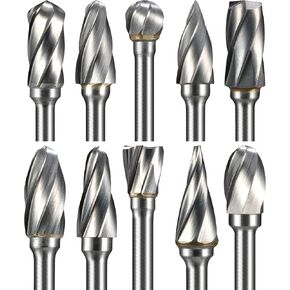 10 Pcs Carbide Burr Set 1/8" Shank Compatible with Dremel Bits Aluminum Cut (Wide-Flute Cut) Rotary Tools Attachment Kit Rasp Drill Accessories Metal Wood Stone Steel Grinding Carving Cutting