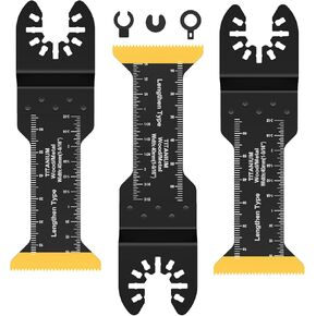 3Pcs Extra-Long Titanium Bi-Metal Oscillating Saw Blade Set Multifunctional Oscillating Multitool Blades Universal Cutting Oscillating Tool Blades with 3 Spacer Adapters for Wood US