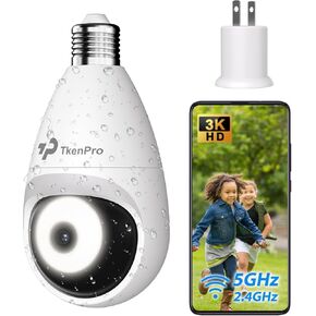 3K Light Bulb Security Cameras Wireless Outdoor, IP65 Waterproof Cameras for Home Security with 2.4G&5G Connection, Full-Color Night Vision and 360° Motion Detection, 5MP Light Bulb Camera Outdoor