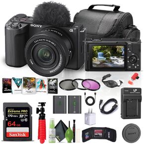 Sony Alpha ZV-E10 II Mirrorless Camera with 16-50mm Lens (Black) (ZVE10M2KB) + 64GB Memory Card + Filter Kit + Photo Software + Bag + NP-FZ100 Battery + Charger + Card Reader + More (Renewed)