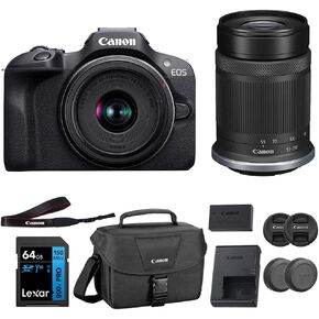 Canon EOS R100 Camera بدون مرآة مع RF-S18-45MM F4.5-6.3 هي عدسة STM & RF-S55-210MM F5-7.1 هي STM ، 24.1 ميجابكسل (مستشعر APS-C) | Black مجمعة مع بطاقة ذاكرة 64 جيجابايت وحقيبة كتف الكاميرا (3 عناصر)