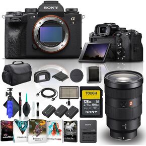 سوني ألفا 1 هيكل الكاميرا الرقمية بدون مرآة فقط ILCE-1/B ، Sony Fe 24-70mm F/2.8 GM عدسة ، بطاقة ذاكرة صعبة 128 جيجابايت ، برنامج Corel Photo ، بطارية متوافقة مع 2 X NP-FZ100 ، مصباح LED ، والمزيد