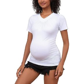 Maternity Shirts with Pleats V Neck Maternity Tops Short Sleeve Pregnancy Tshirt Blouse Women's Maternity Shirt