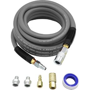 YOTOO Hybrid Air Hose 1/2-Inch I.D. by 25-Feet Long 3/8 inch MNPT Solid Brass Fittings 300 PSI Heavy Duty, Lightweight, Kink Resistant with 3/8" and 1/4" Industrial Quick Coupler Connectors, Gray