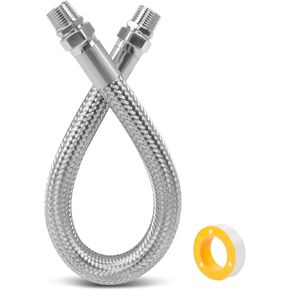 Industrial Grade Compressor Jumper Hose, 1/2" NPT Male x 20" Length, 750°F, 450 PSI, Both Ends Rotating Fittings, Flexible Stainless Steel Metal Hose