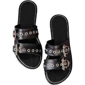 GORGLITTER Women's Buckle Leather Flats Sandals Dressy Double Strap Punk Open Toe Summer Beach Vacation Slides Sandals