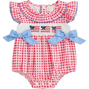 4th Of July Baby Girl Outfits Usa Flag Embroidery Newborn Infant Smocked Bubble Romper Memorial Day Clothes