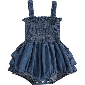 BULINGNA Newborn Baby Girl Outfits Sleeveless Bow Tie Up Front Smocked Bubble Romper Infant Denim Jumpsuit in Saudi Arabia