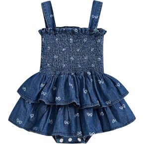 BULINGNA Newborn Baby Girl Outfits Sleeveless Bow Tie Up Front Smocked Bubble Romper Infant Denim Jumpsuit