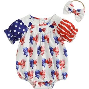 Newborn 4th of July Baby Girl Outfit American Flag Smocked Bubble Romper Ruffle Sleeve Plaid Bodysuit Infant Clothes