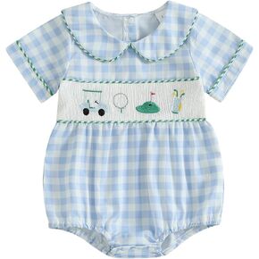 Newborn Baby Girl Summer Clothes Letter Lapel Collar Plaid Romper Smocked Bodysuit Cute Mothers/Fathers Day Outfit