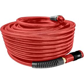 Polyurethane(PU) Air Hose 1/4-Inch x 100ft Reinforced, lightweight Anti-low temperature 300PSI With 1/4" Aluminum 3IN1 Quick Coupler and Plug, Bend Restrictor,Red(100’)