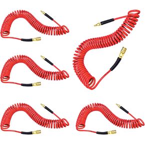 YOTOO 5 Pack Polyurethane Recoil Air Hose, Air Compressor Hose 1/4" Inner Diameter by 25' Long with Bend Restrictor, 1/4" Industrial Quick Coupler and Plug, Red