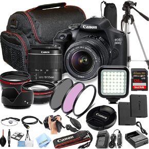 Canon EOS 2000D / Rebel T7 W/18-55mm + 128GB Extreme Speed Card, LED Video Light, Camera Case, Tripod,Spare Battery, Filter Kit, More (Essential DSLR Kit) (Renewed), Black