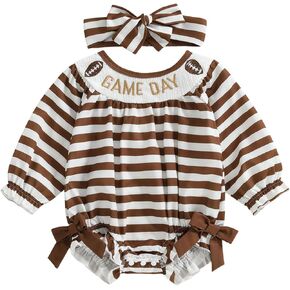 Goocheer Fall Newborn Bird Girl Game Day Football Stripe Stripe Long Sleeve Romper Bemsuit الزي