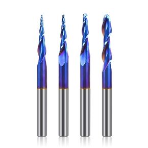 LUNYEE 4PCS Tapered Ball Nose Set Spiral Router Bits 1/4" Shank, 1/4" 1/8" 1/16" 1/32" Cutting Diameter, 3" Over Length End Mill Spiral Router Bit with NACO-Blue Coating for 2D&3D Carving Engraving