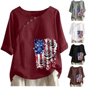 Short Sleeve Cotton Linen Tops for Women Short Sleeve USA Pride Red White Blue Star Stripes 4th of July Shirts