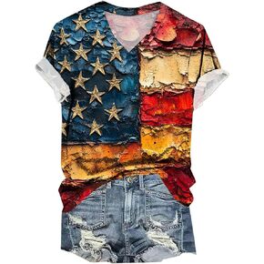 Patriotic V Neck Tops for Women Short Sleeve USA Red White Blue Star Stripes Shirts American Pride 4th of July Tees