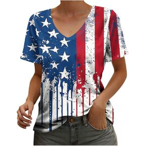 4th of July Tops for Women V Neck Short Sleeve USA Flag Pride Shirts Red White Blue Star Stripes Patriotic Tshirt