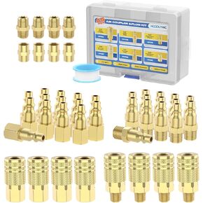 45Pcs Air Coupler & Plug Kit, Hoodutric 1/4" NPT Air Hose Fittings Set, Brass Air Tool Fittings Quick Connect Air Compressor Accessories