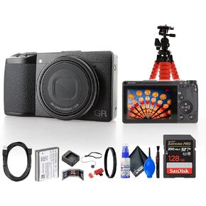 Ricoh GR IIIx HDF Digital Camera (01283) Bundle Including: 128 GB Memory Card, Rechargeable Battery, Tabletop Tripod, Cleaning Kit, Card Reader, Lens Cap Keeper, and More Accessories