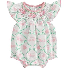 Newborn Baby Girl Summer Outfit Golf Cart Embroidery Smocked Bubble Romper Fly Sleeve Bodysuit Jumpsuit Clothes