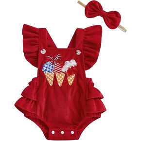 4th of July Baby Girl Outfits Newborn Fly Sleeve Ruffled Bubble Romper My First Fourth of July Summer Bodysuit