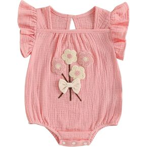 Baby Girl Cotton Linen Romper Flower Embroidery Sleeveless Smocked Bodysuit Newborn Summer Outfit Cute Clothes