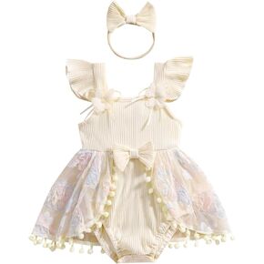 Kuriozud Newborn Baby Girl Summer Clothes Flower Bow Dress Romper Ruffle Jumpsuit Headband Outfit Cute Infant Clothing