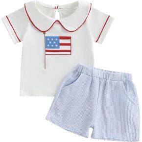Rtnnsbbfcm Toddler Baby Boy 4th Of July Outfit Short Sleeve Peter Pan Collar American Flag Embroidery T-shirt Shorts Set