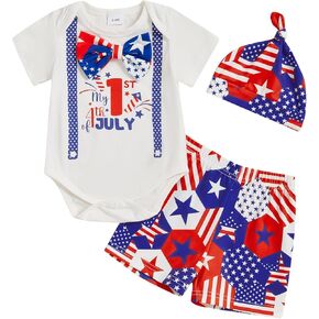 Infant Baby Boy First 4th of July Outfit Letters Print Short Sleeve Romper and Shorts Sets 3Pcs
