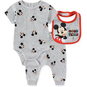 Disney Mickey Mouse Baby Boys Creeper and Pants Set with Bib for Newborn and Infants