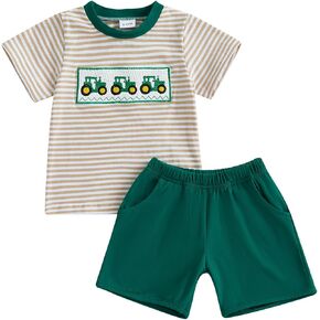 Toddler Baby Boy Summer Clothes Tractor Short Sleeve T-shirt Elastic Waist Shorts Set Farm Outfit 2Pcs