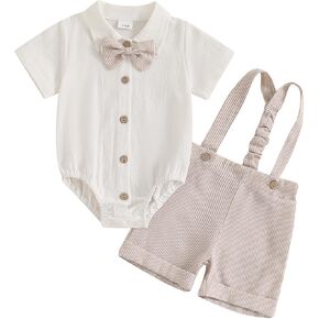 Newbron Baby Boy Summer Outfit Cotton Linen Button Short Sleeve Bowtie Shirt Romper Suspender Shorts Set